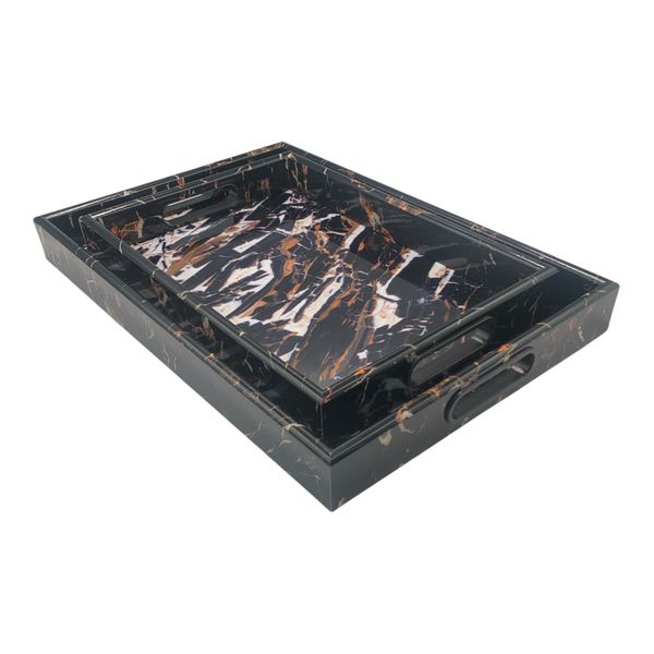 Tray Set - 2 Piece Rectangular Marble Look Artistic Design
