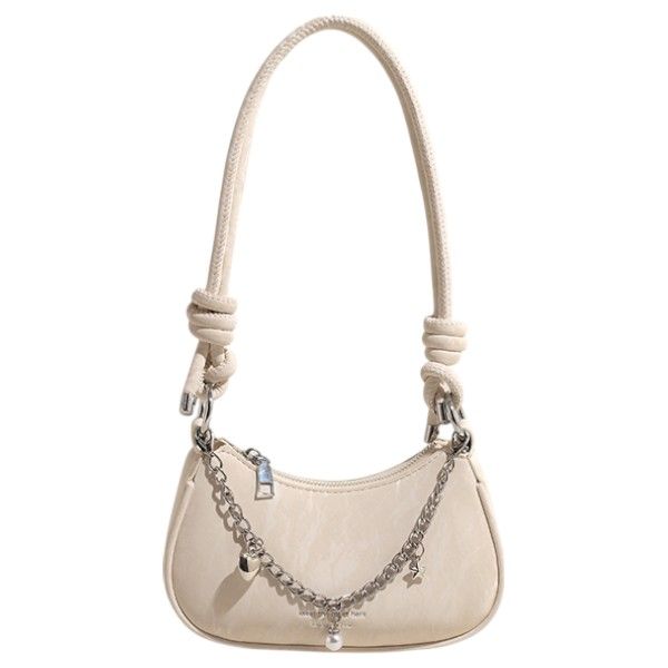 PU Leather Shoulder Bag with Chain Charm Detail - Cream