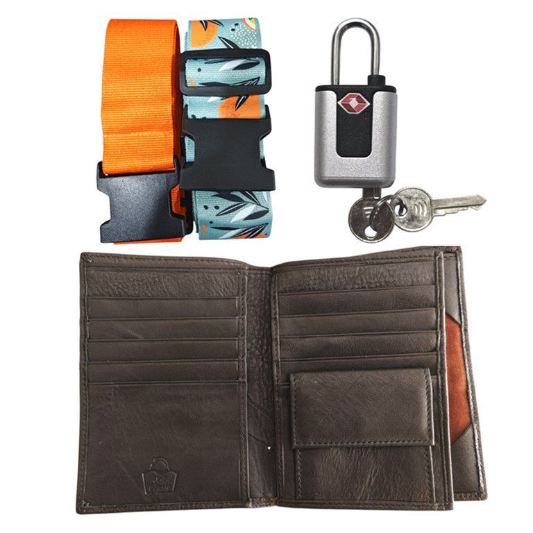 Travel Set Genuine Leather Passport Holder Orange Luggage Strap and Padlock