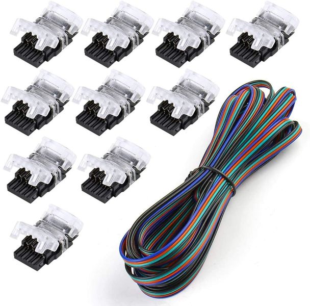 10-Pack 4-Pin LED Connectors with Strip - for 10mm RGB 5050 LED Strip