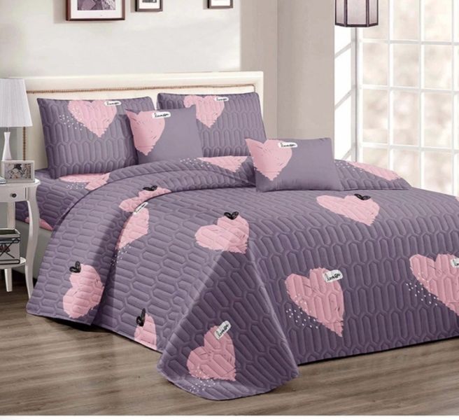 Stunning Quilt Set Purple and Pink Heart Bedspread Set 5 Piece