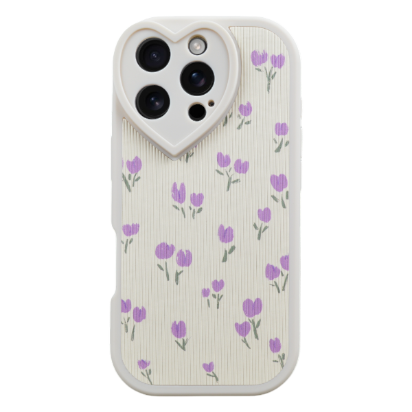 Purple Tulips Heart Camera Phone Case Compatible With iPhone 16 Pro - Cream