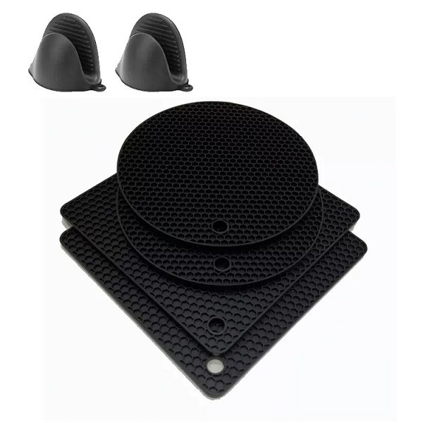 Oven Glove Mitts, Trivets and Pot Holders - Heat Resistant, Silicone Black