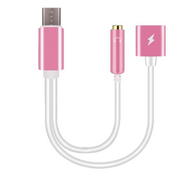 Kyin KY-174 – Dual Type-C Cable with Headphone Adapter &amp; Power – White/Pink