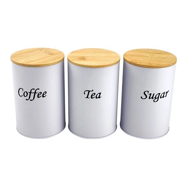 3-Piece 100ml Tinplate Tea, Coffee and Sugar Storage Canister Set - White