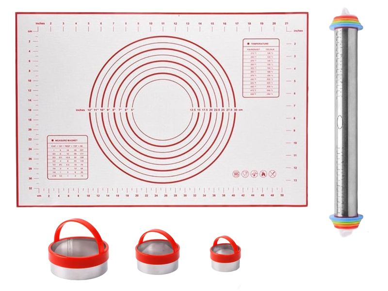 Adjustable Rolling Pin Set (40cm) with Silicone Mat (60cm) &amp; Round Cutters