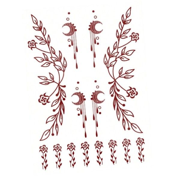 1 Piece - Mystical Bloom Floral And Moon Henna Tattoo - Maroon