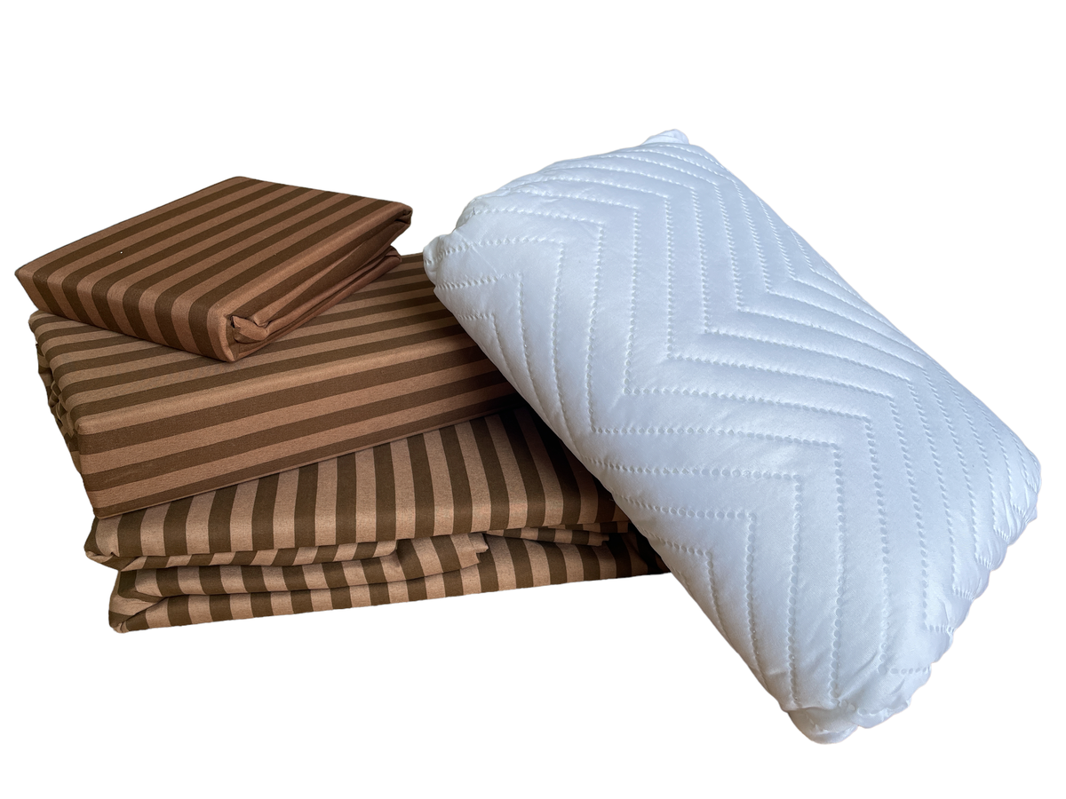 Afri Combo Full Bedding Stripe Sheet with Bed Protector 5 Piece Brown