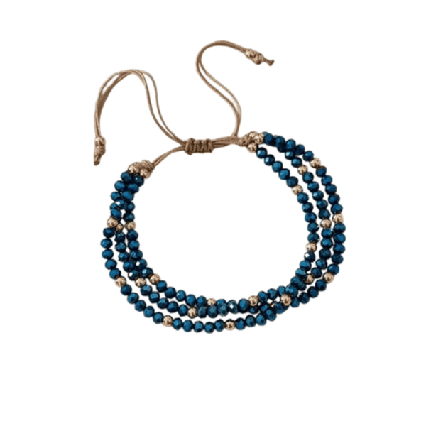 Blue Multi-Layered Beaded Bracelet with Gold Accents