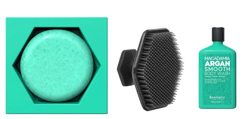 Macadamia Argan Body Wash ,Argan Shampoo Bar and Massage Bath Brush