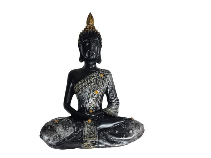 Black &amp; Silver Meditating Buddha Statue with Gold Star Accents - 20cm
