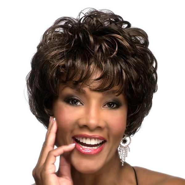 Short Brown Highlight Curly Wig with Straight Bangs, Matte Heat Fiber
