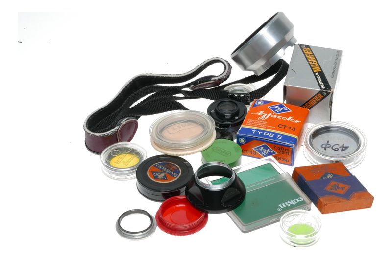 Vintage camera filter and film and hoods and strap accessories