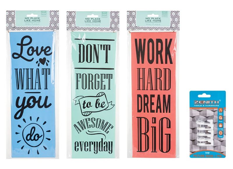 3x Plaque Wall Paper With Words 32x12cm - Hanging Hooks Included