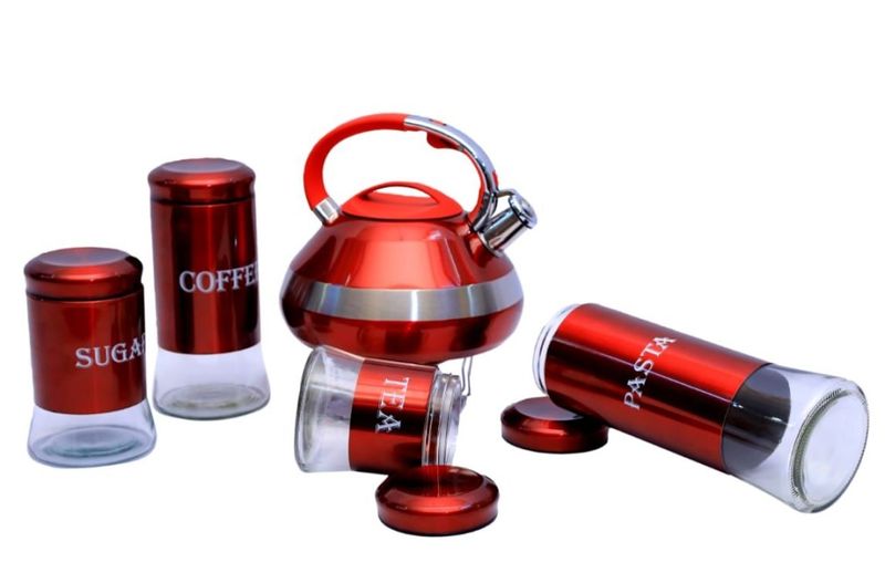 Whistling Kettle with Tea, Coffee, Sugar &amp; Pasta 5 Piece Canister Set - Red
