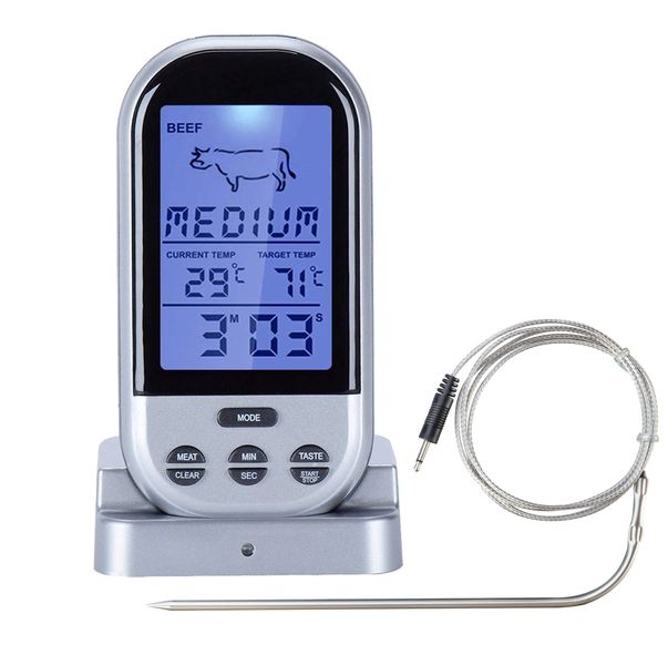 Digital Wireless LCD Remote Thermometer For BBQ Grill-Silver