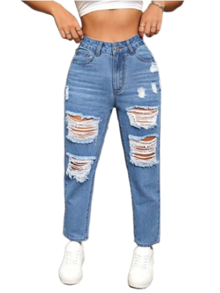 Women's Front Button Pocket Distressed Casual Denim Jeans