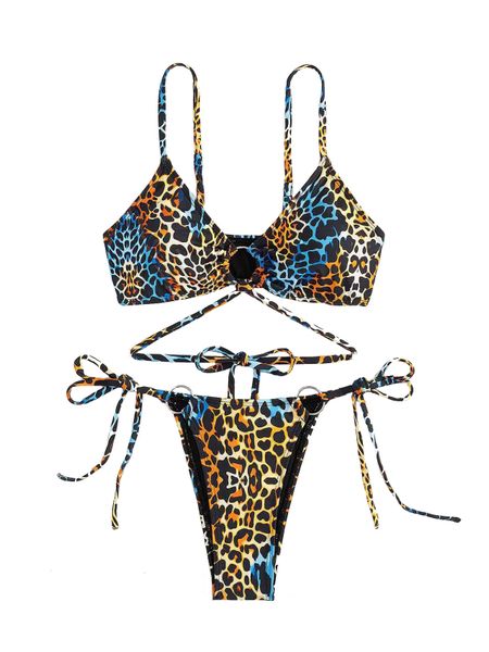 2-Piece Halter Spaghetti Strap Top and Underwear Swimsuit Leopard Print