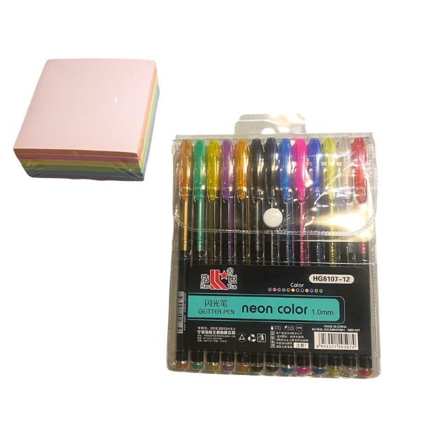 13 Fine Point Glitter Gel Premium Pens &amp; 300pc Neon Sticky Notepad Set