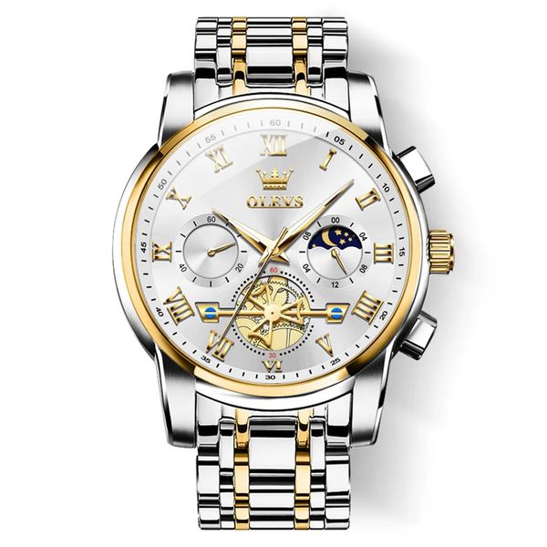 OLEVS Men's Classic Roman Dial Chronograph Watch - Silver &amp; Gold