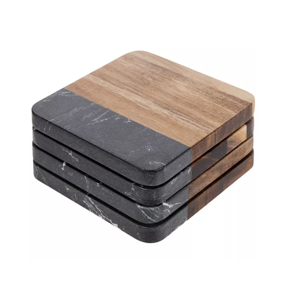 Marble &amp; Acacia Wood Square Designer Coasters - 4 Pack