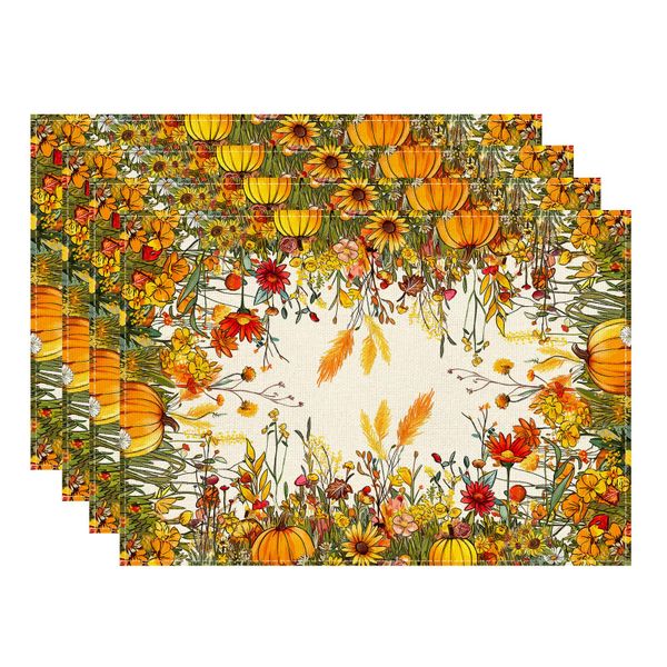 Fall Wild Flowers Pumpkin Placemats Set of 4,for Kitchen Dining Table Decor