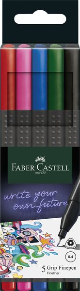 Faber-Castell Grip Finepen, Basic colours, 0.4 nib, cardboard wallet of 5