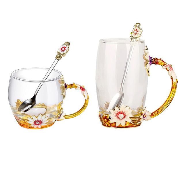 Enamel Design Flower Glass Cups Drinking Mug with Spoon Set - 2 Pack