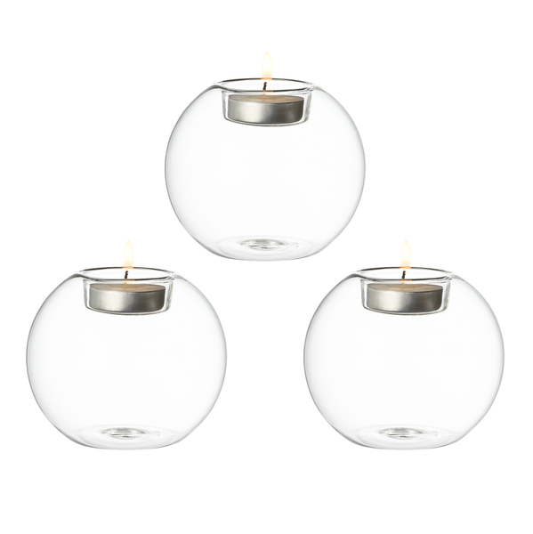 Pack of 3 Round Glass Tealight Candle Holders - 8 x 6.5cm