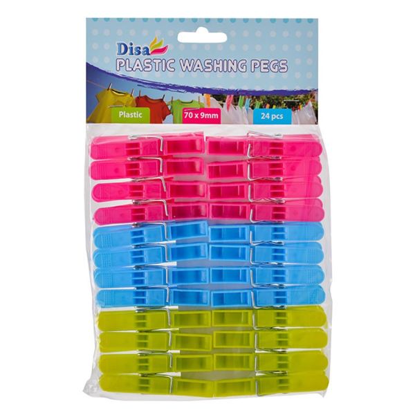 Washing Pegs - Assorted Colours - Plastic - 70mm - 24 Piece - 35 Pack