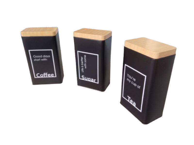 Stylish set of 3 Canisters for Tea, Coffee, and Sugar