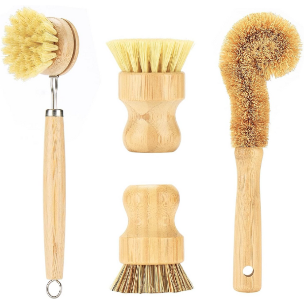 Eco-Friendly Bamboo Kitchen Brush Set - 4 Pack Dish &amp; Veggie Scrubbers