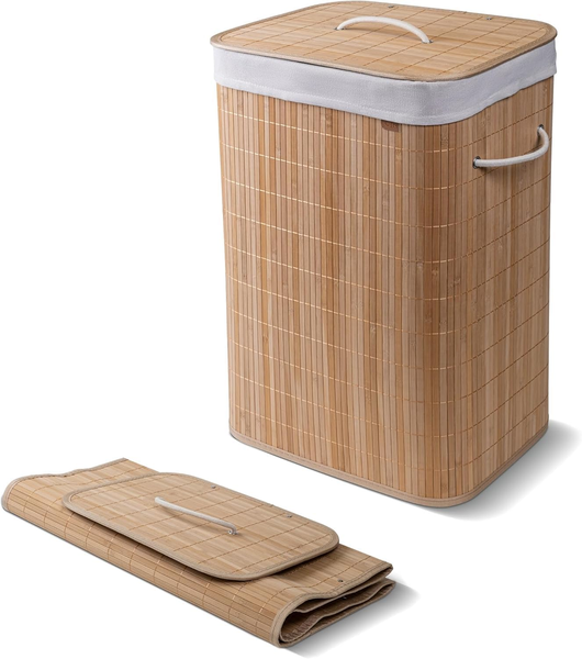 Multifunctional bamboo foldable storage basket with lid and handle