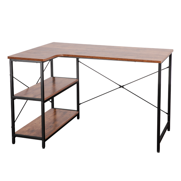 Everfurn Anthony L-shape Office Desk with Shelves - Light Oak &amp; White Frame