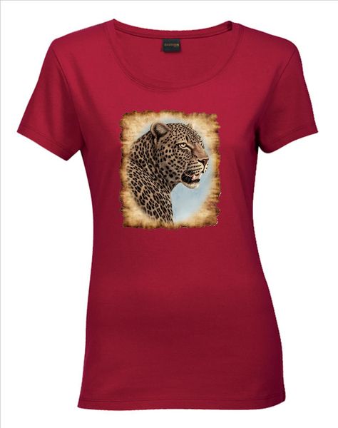 Ithambo Wildlife Leopard Head Print Ladies Scoop Neck Shirt Mid/N Blue
