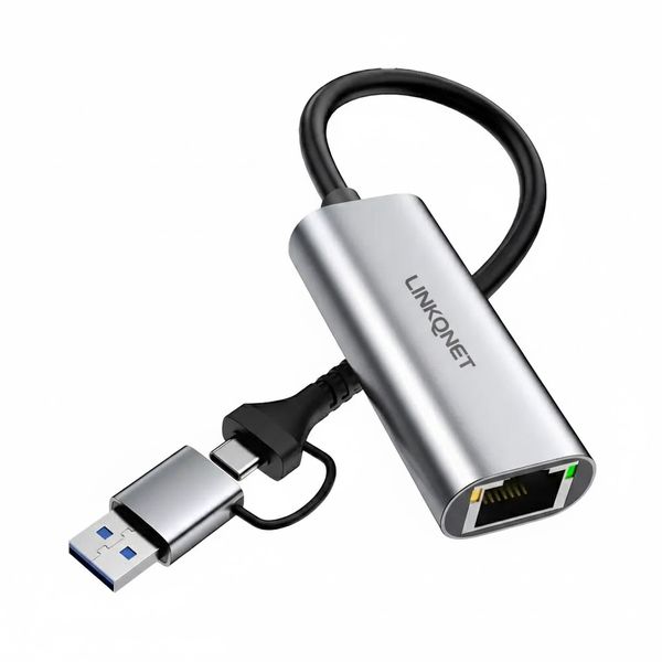 LinkQnet USB 3.0 Type-A &amp; USB-C to Gigabit Ethernet RJ45 Adapter - Silver