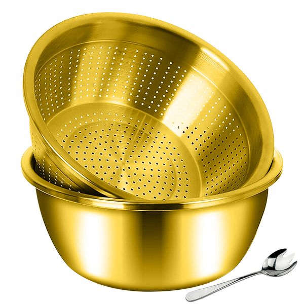 Stainless Steel 36cm Colander Bowl with Salad Spoon - 3 Piece Set - Gold