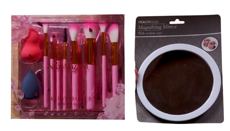 Make Up Brush Set, Make Up Puff and Magnifying Mirror