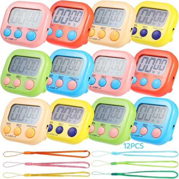 12-Pack Digital Timers for Classroom, Large LCD Display, Loud Alarm,