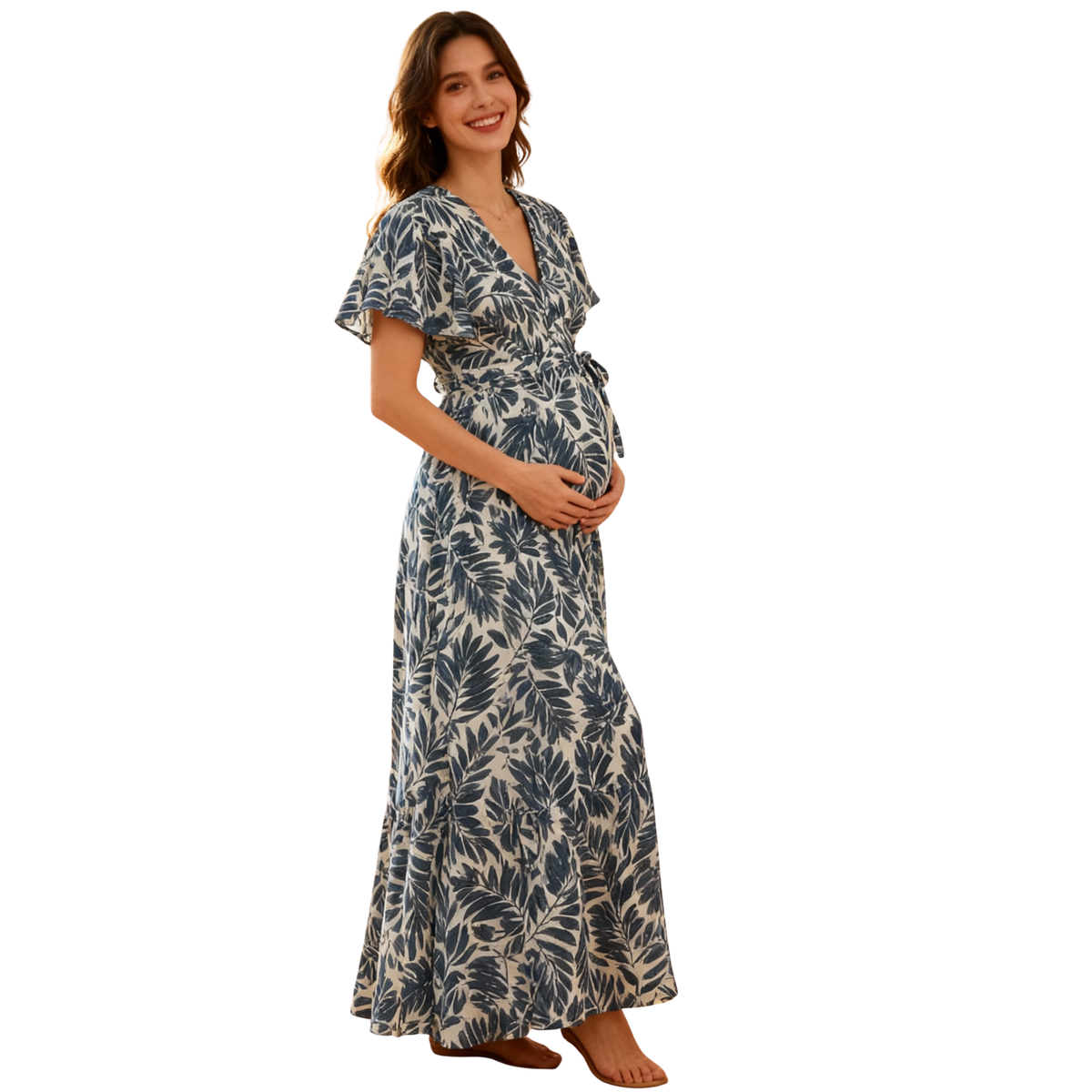 Navy Leaf Print Front Tie 3/4 Sleeve Maternity Dress main image 0