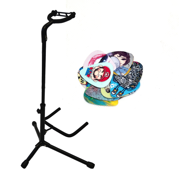 Upright Guitar Stand with 9 Guitar Picks - Assorted Prints &amp; Thicknesses