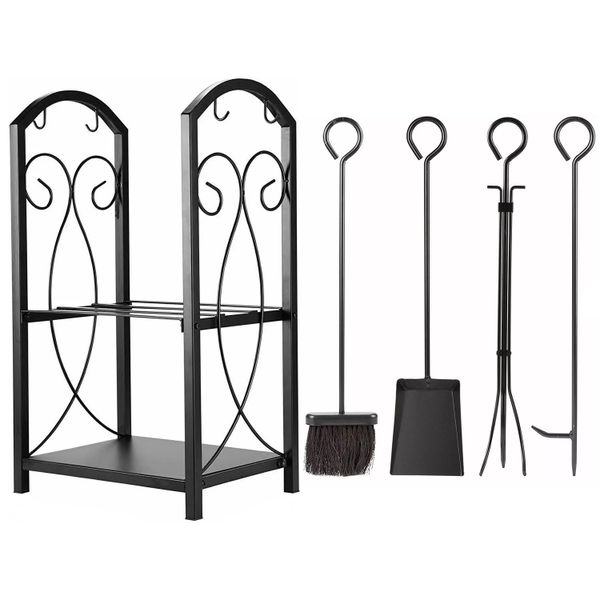 Designer Log Holder With 4 Piece Fireplace Toolset