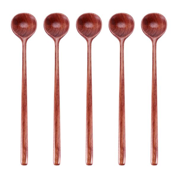 5 Pieces Korean Style Natural Natural Wood Long Handle Round Spoons
