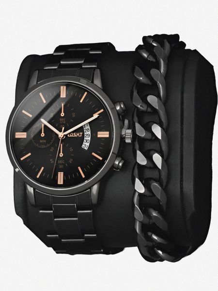1 pc Men Black Analogue Watch &amp; Bracelet