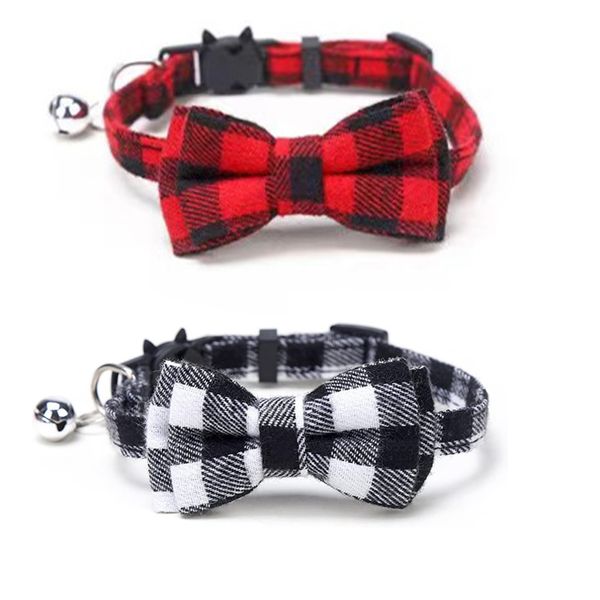2Pcs Plaid Bow Cat Collar Quick Release Safety Buckle Pet Collar With Bells