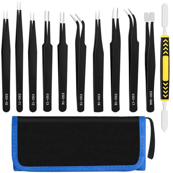 11 Piece Precision ESD Tweezers Set with Tweezer Storage Bag