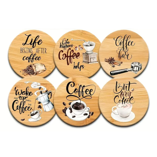 6-Piece Coffee-Themed Round Coaster Set