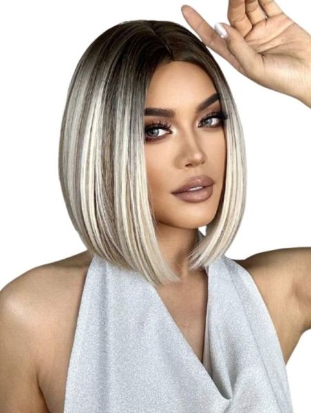 Light Blonde with Dark Root Short Straight Hair Wig