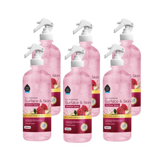 First Class 6 Pack Rose Essential Oil Surface and Skin Sanitizer- 500ml, 70% Alcohol