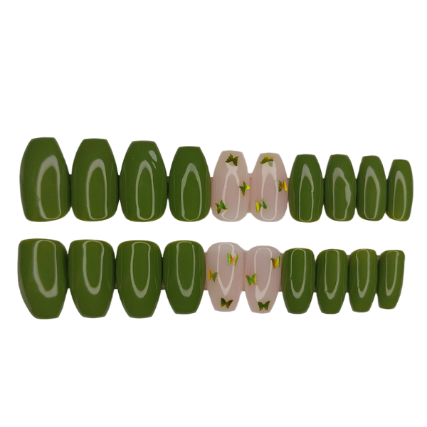 Luxury Press On Nails - Short Coffin Green Butterfly Set - 20 Piece